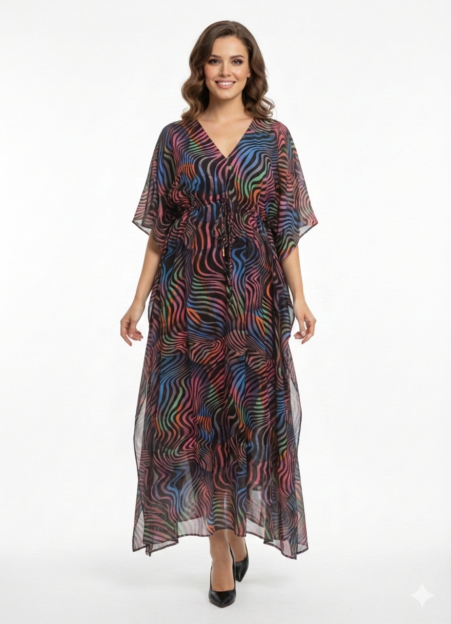 Rizqé Neon Nebula Multicolor Swirl Drawstring Kaftan | Beach Cover