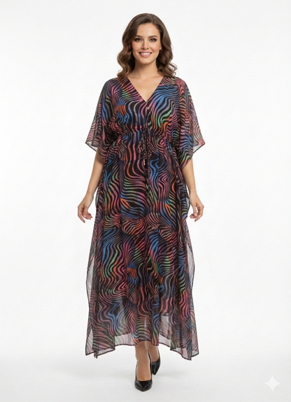 Rizqé Neon Nebula Multicolor Swirl Drawstring Kaftan | Beach Cover