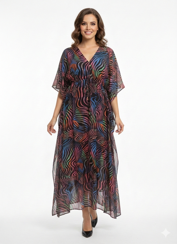 Rizqé Neon Nebula Multicolor Swirl Drawstring Kaftan | Beach Cover