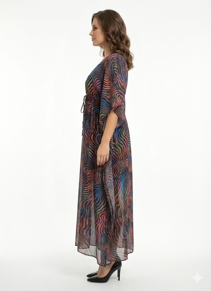 Rizqé Neon Nebula Multicolor Swirl Drawstring Kaftan | Beach Cover