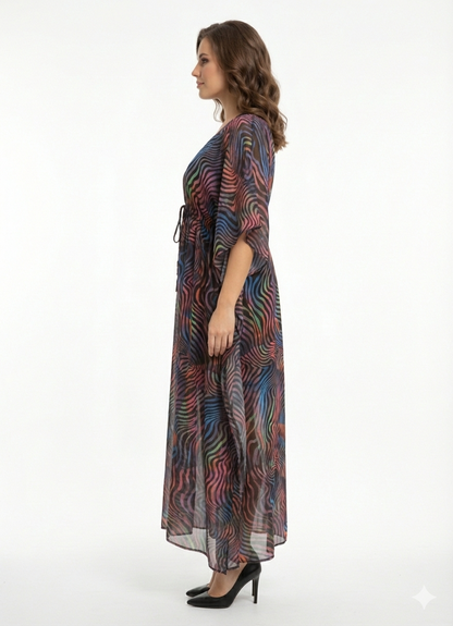 Rizqé Neon Nebula Multicolor Swirl Drawstring Kaftan | Beach Cover