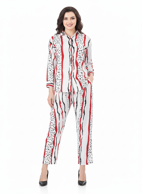 Art Stripe Co-ord Set | Rizqé White/Red Abstract Stripe Chiffon Feel Shirt and Trousers