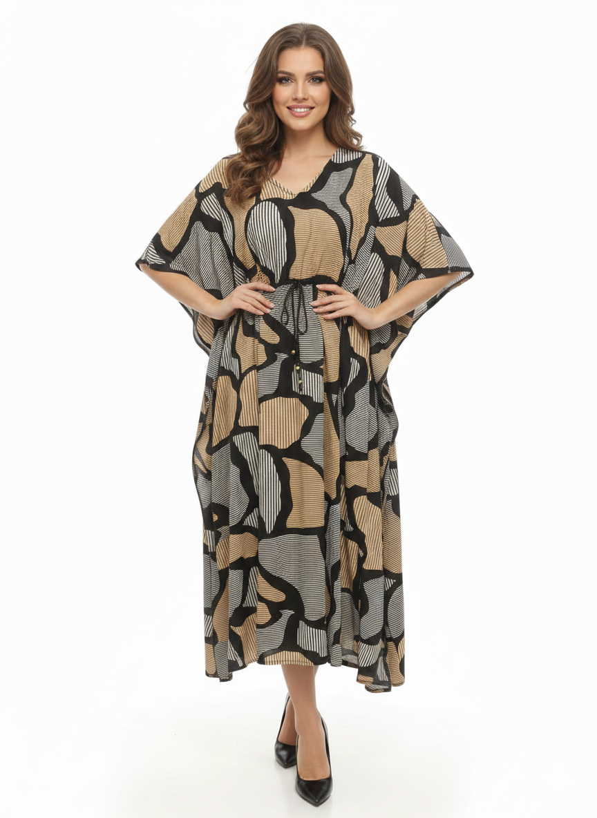 Rizqé Onyx & Amber Abstract Swirl Drawstring Kaftan | Beach Wear