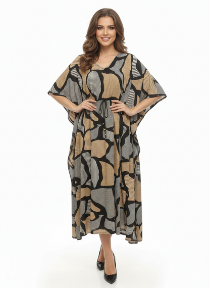 Rizqé Onyx & Amber Abstract Swirl Drawstring Kaftan | Beach Wear
