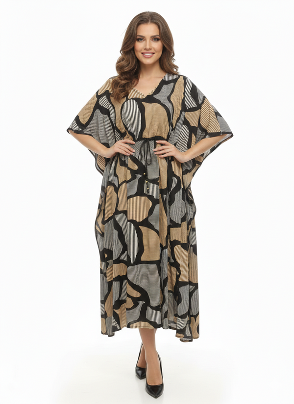 Rizqé Onyx & Amber Abstract Swirl Drawstring Kaftan | Beach Wear