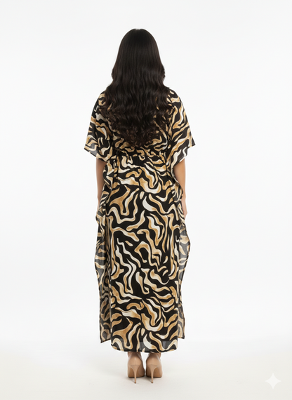 Rizqé Golden Zebra Swirl Abstract Drawstring Kaftan | Beach Cover