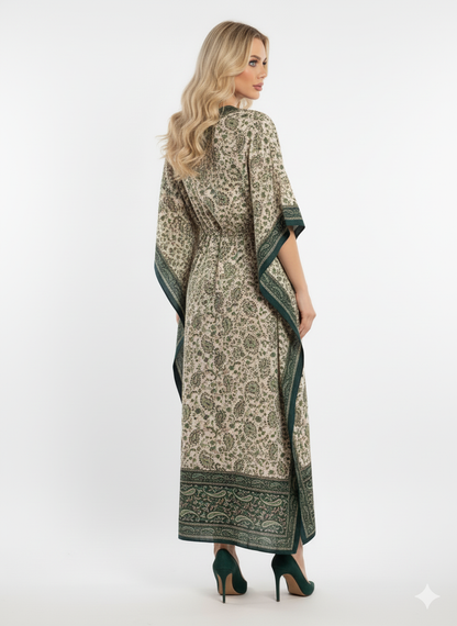 Green Paisley Print Kaftan | Modest Polyester Abaya Maxi Dress | Jalabiya