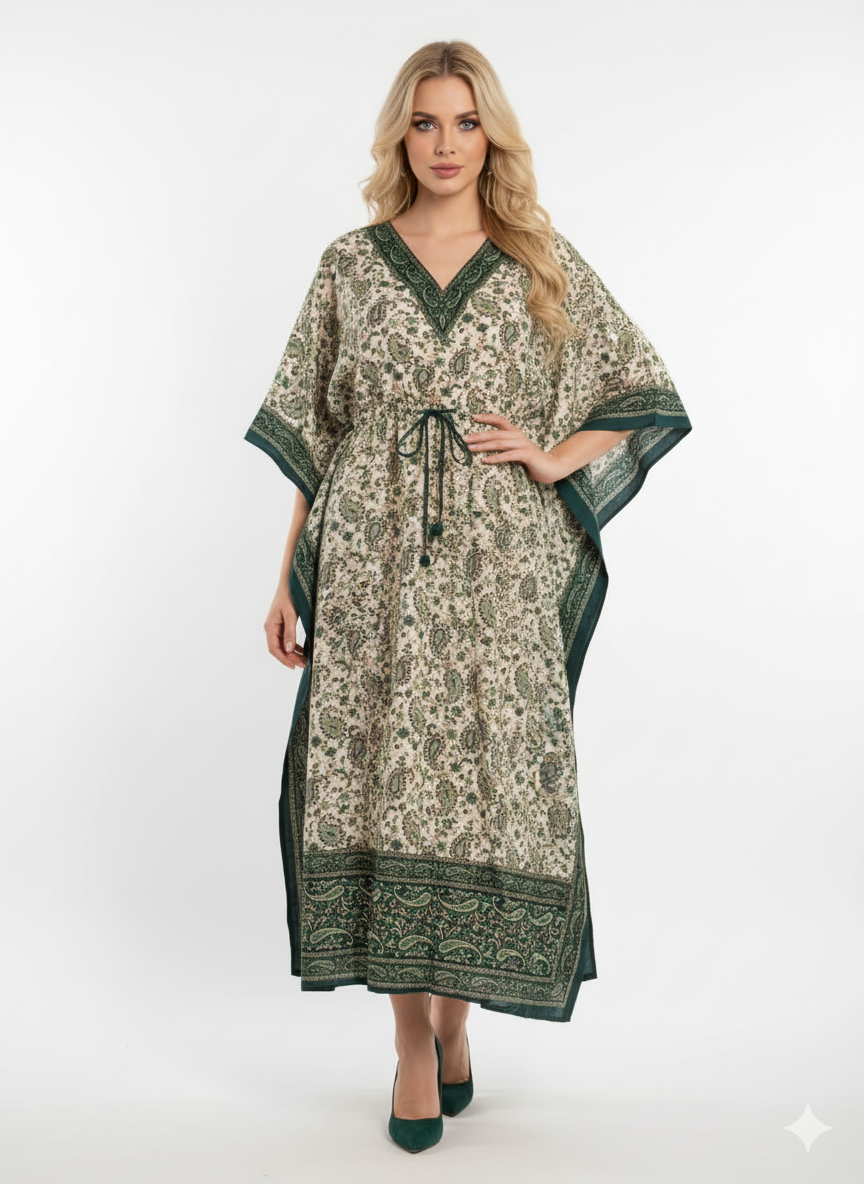 Green Paisley Print Kaftan | Modest Polyester Abaya Maxi Dress | Jalabiya