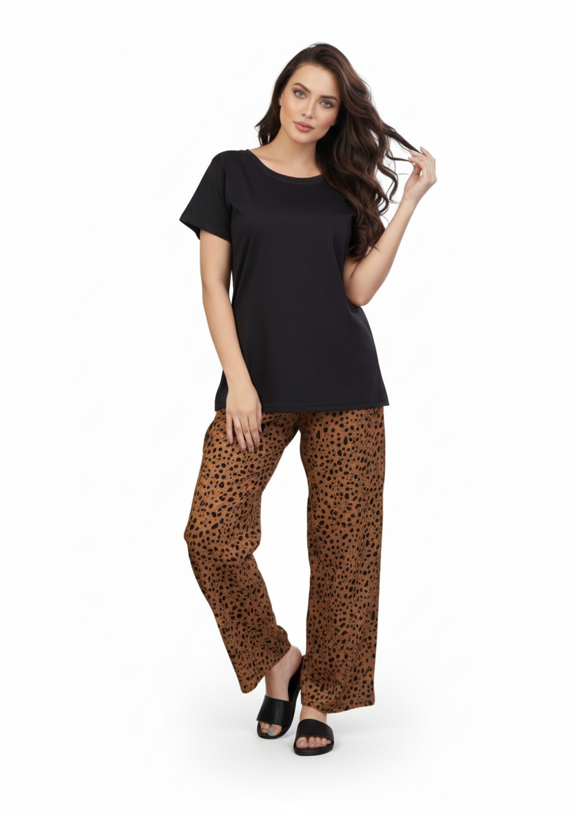 Black T-Shirt  Brown Speckle Dot Print Pajamas Set | Loungewear | Rayon Comfort Nightwear