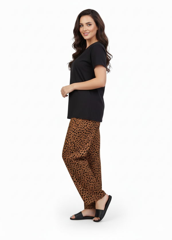 Black T-Shirt  Brown Speckle Dot Print Pajamas Set | Loungewear | Rayon Comfort Nightwear