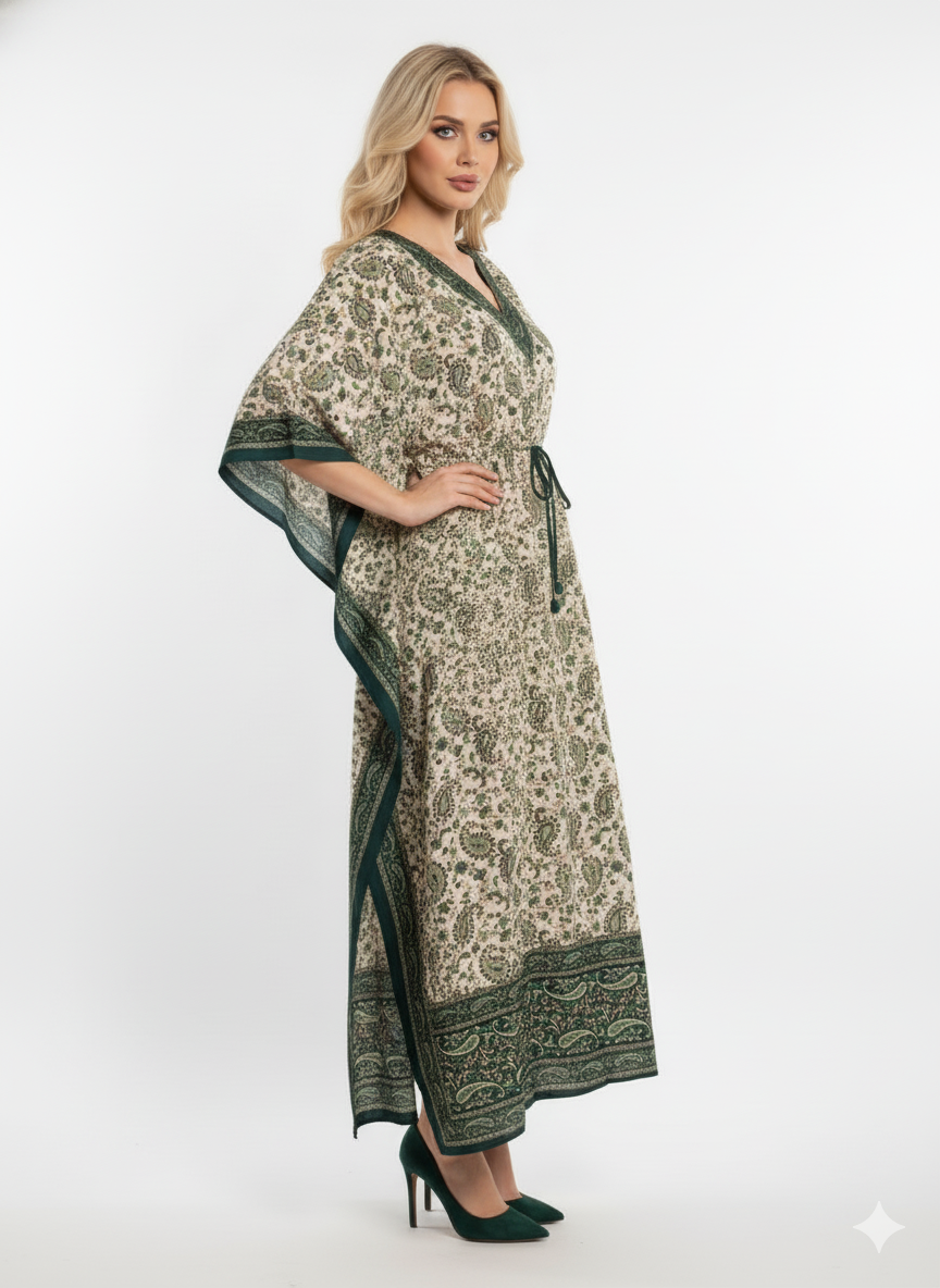 Green Paisley Print Kaftan | Modest Polyester Abaya Maxi Dress | Jalabiya
