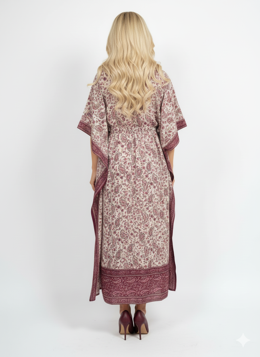 Modest Red Paisley Print Kaftan | Polyester Abaya Maxi Dress | Jalabiya