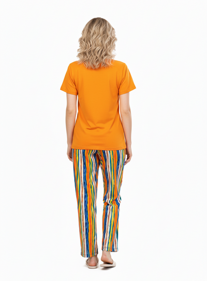 Orange T-Shirt Pajamas Set Abstract Striped Pants  | Rayon Loungewear & Nightwear