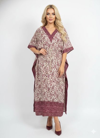 Modest Red Paisley Print Kaftan | Polyester Abaya Maxi Dress | Jalabiya