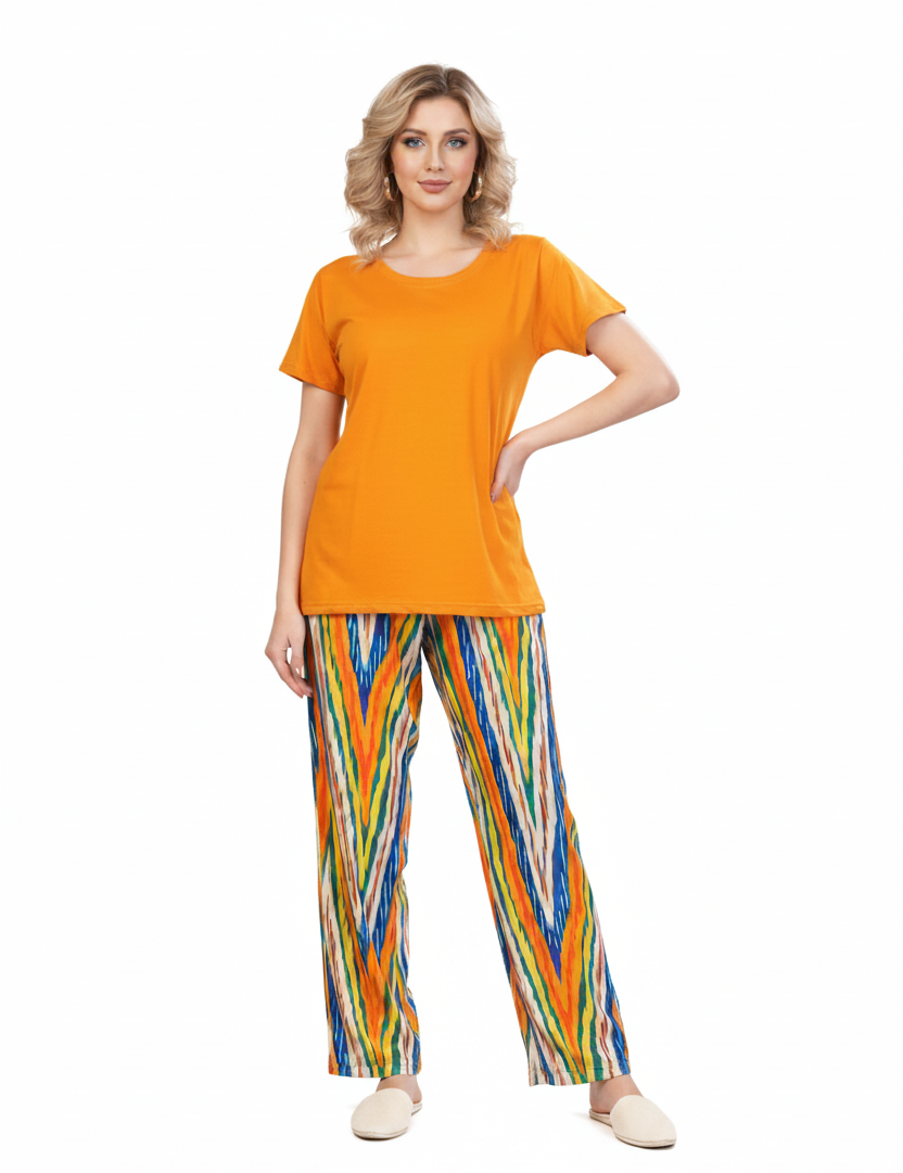 Orange T-Shirt Pajamas Set Abstract Striped Pants  | Rayon Loungewear & Nightwear