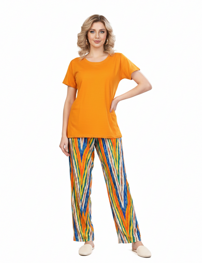 Orange T-Shirt Pajamas Set Abstract Striped Pants  | Rayon Loungewear & Nightwear