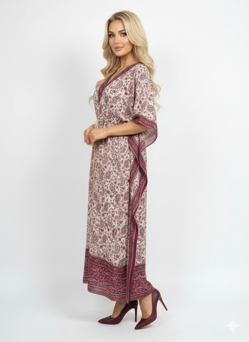Modest Red Paisley Print Kaftan | Polyester Abaya Maxi Dress | Jalabiya