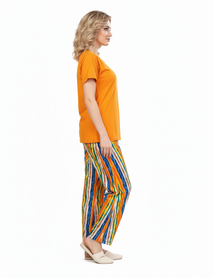 Orange T-Shirt Pajamas Set Abstract Striped Pants  | Rayon Loungewear & Nightwear