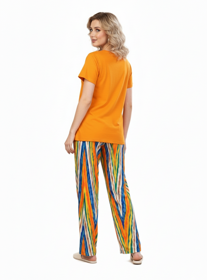 Orange T-Shirt Pajamas Set Abstract Striped Pants  | Rayon Loungewear & Nightwear