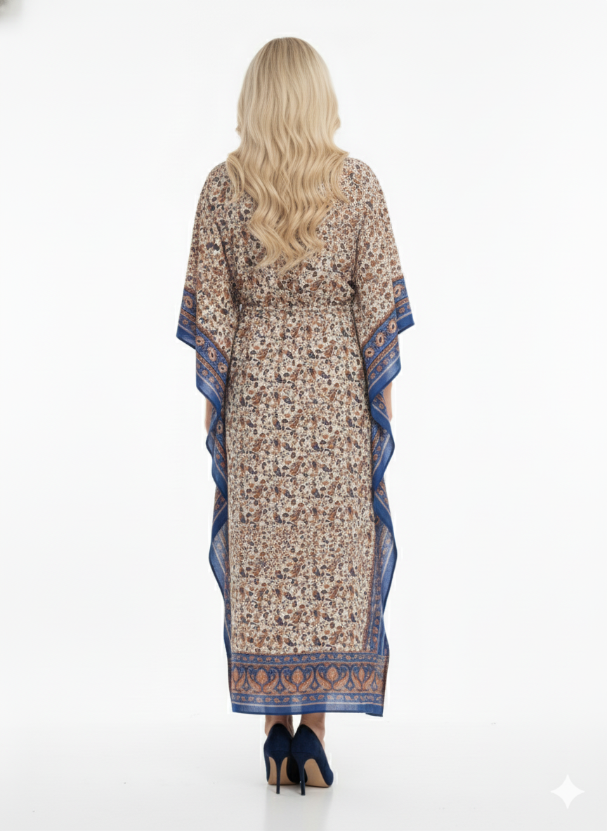 Elegant Blue Paisley Print Kaftan | Modest Polyester Abaya Maxi Dress