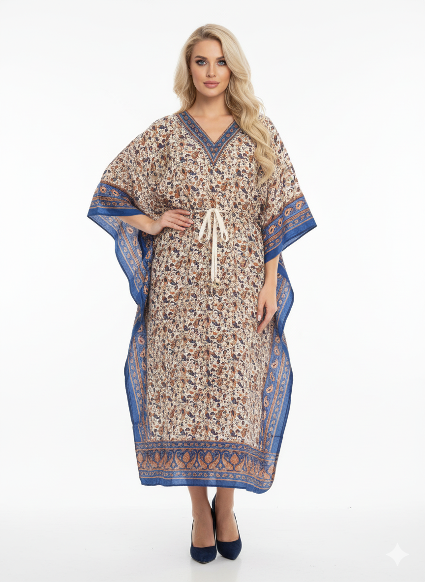 Elegant Blue Paisley Print Kaftan | Modest Polyester Abaya Maxi Dress
