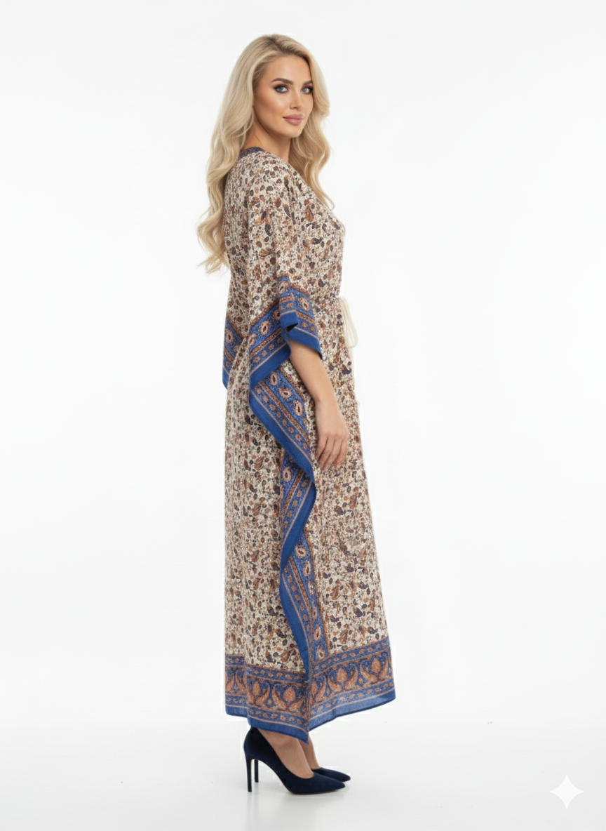 Elegant Blue Paisley Print Kaftan | Modest Polyester Abaya Maxi Dress