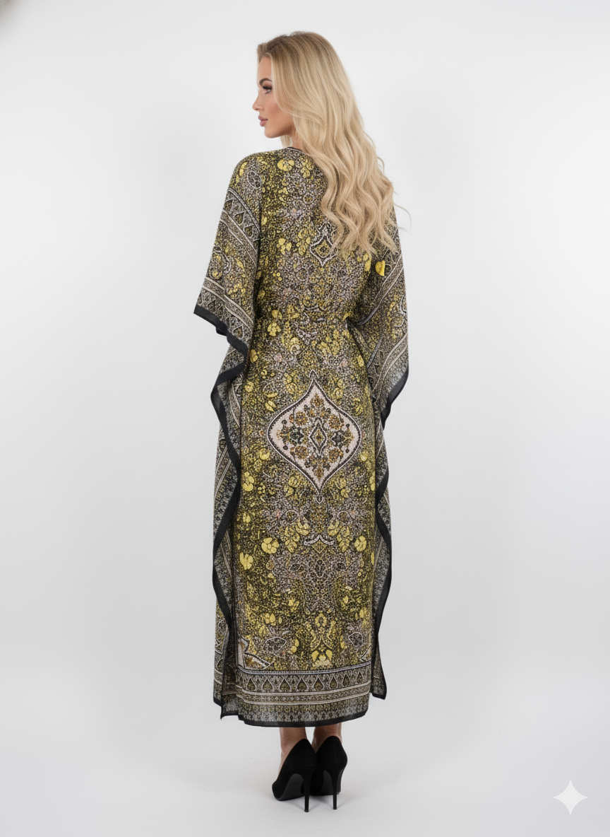 Striking Yellow/Black Paisley Kaftan | Polyester Abaya Maxi Dress | Jalabiya
