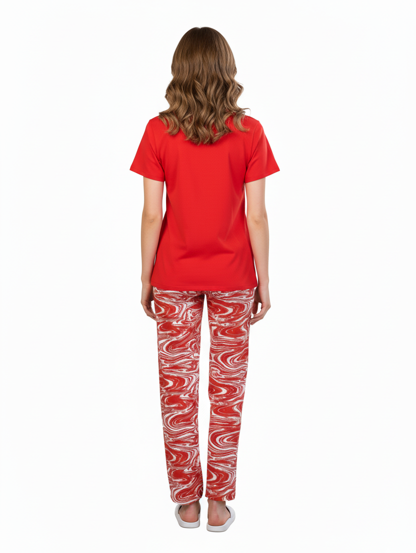 Red T-Shirt & Swirl Print Pajamas Set | Rayon Loungewear & Comfort Nightwear