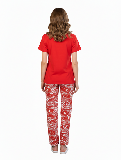 Red T-Shirt & Swirl Print Pajamas Set | Rayon Loungewear & Comfort Nightwear