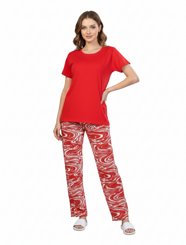Red T-Shirt & Swirl Print Pajamas Set | Rayon Loungewear & Comfort Nightwear
