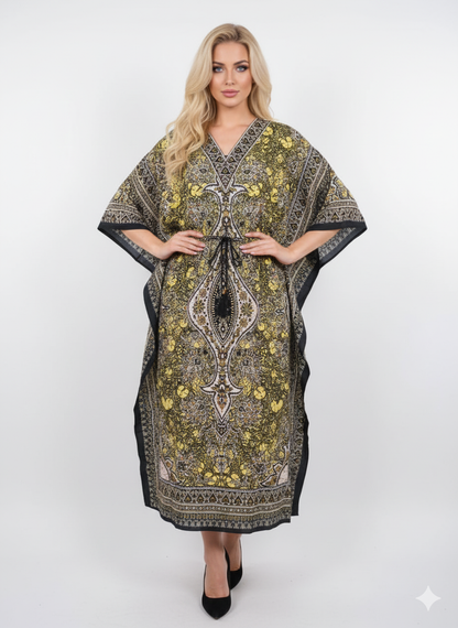 Striking Yellow/Black Paisley Kaftan | Polyester Abaya Maxi Dress | Jalabiya