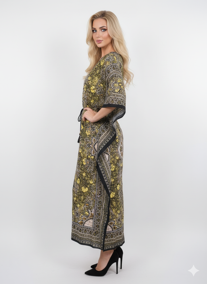 Striking Yellow/Black Paisley Kaftan | Polyester Abaya Maxi Dress | Jalabiya