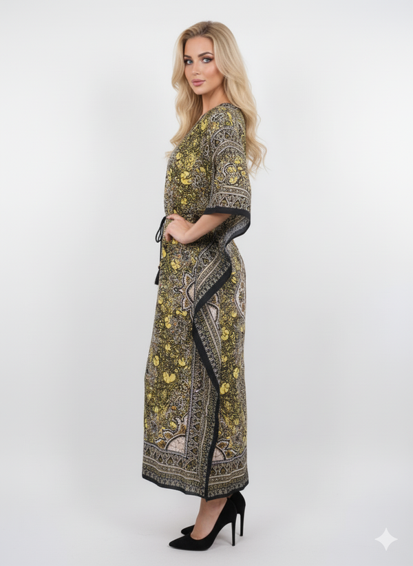 Striking Yellow/Black Paisley Kaftan | Polyester Abaya Maxi Dress | Jalabiya