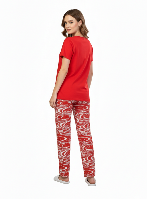 Red T-Shirt & Swirl Print Pajamas Set | Rayon Loungewear & Comfort Nightwear