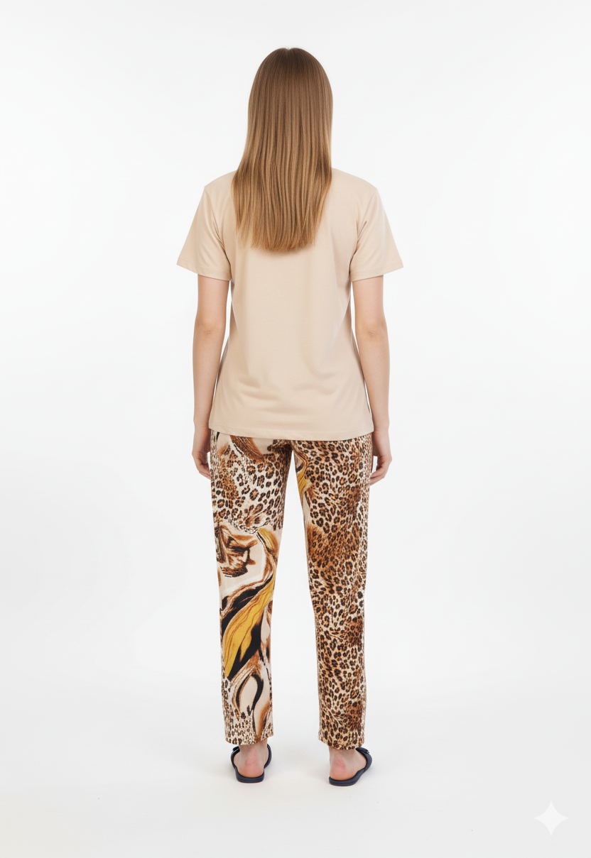Beige T-Shirt Pajamas Set | Animal Print Loungewear | Rayon Comfort Nightwear