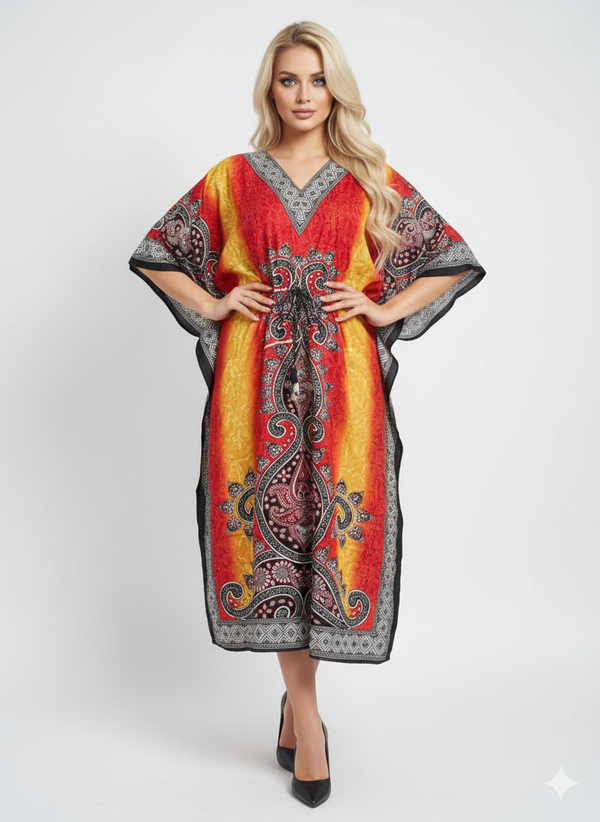 Ombré Yellow Red Paisley Kaftan | Modest Polyester Abaya Maxi Dress