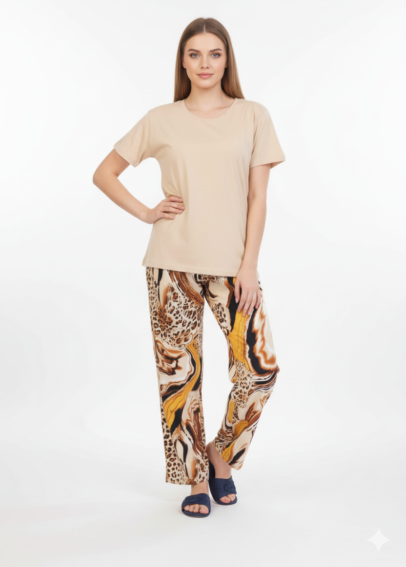 Beige T-Shirt Pajamas Set | Animal Print Loungewear | Rayon Comfort Nightwear