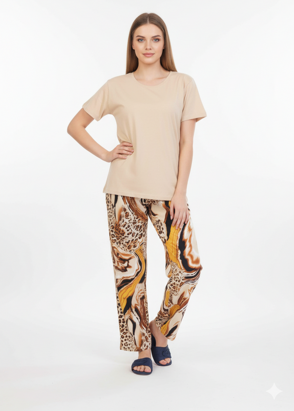 Beige T-Shirt Pajamas Set | Animal Print Loungewear | Rayon Comfort Nightwear