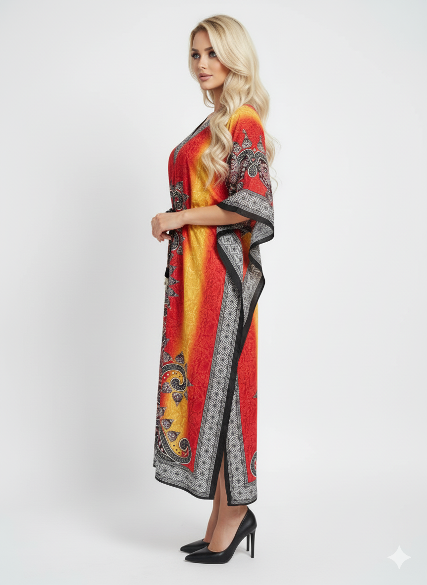 Ombré Yellow Red Paisley Kaftan | Modest Polyester Abaya Maxi Dress