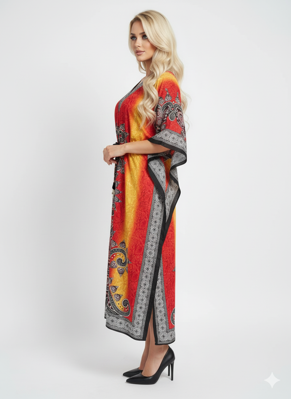 Ombré Yellow Red Paisley Kaftan | Modest Polyester Abaya Maxi Dress
