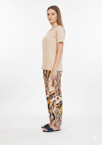 Beige T-Shirt Pajamas Set | Animal Print Loungewear | Rayon Comfort Nightwear
