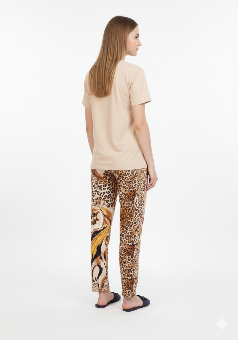 Beige T-Shirt Pajamas Set | Animal Print Loungewear | Rayon Comfort Nightwear