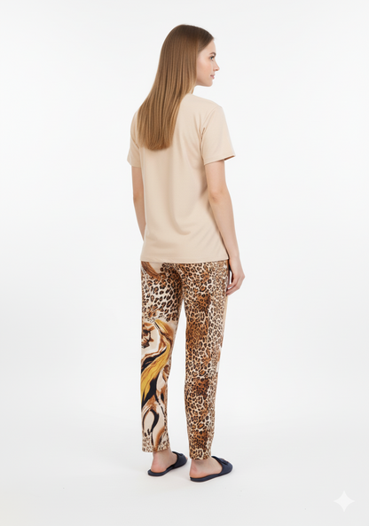 Beige T-Shirt Pajamas Set | Animal Print Loungewear | Rayon Comfort Nightwear