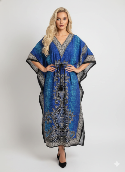 Stylish Blue Paisley Print Kaftan | Modest Polyester Abaya Maxi Dress | Jalabiya