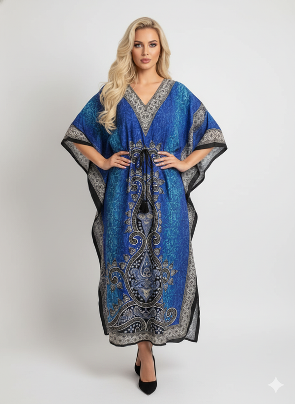 Stylish Blue Paisley Print Kaftan | Modest Polyester Abaya Maxi Dress | Jalabiya