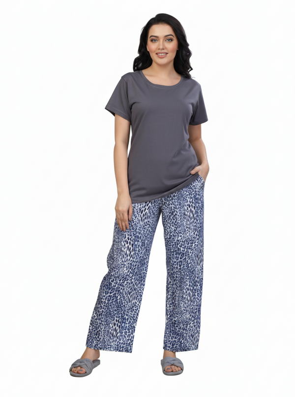Grey Leopard Print | Rayon Cotton T-Shirt Pajamas Set | Loungewear Nightwear