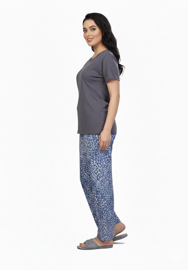 Grey Leopard Print | Rayon Cotton T-Shirt Pajamas Set | Loungewear Nightwear