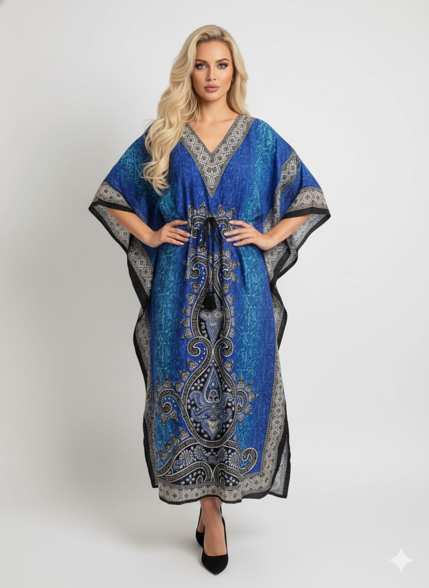 Stylish Blue Paisley Print Kaftan | Modest Polyester Abaya Maxi Dress | Jalabiya