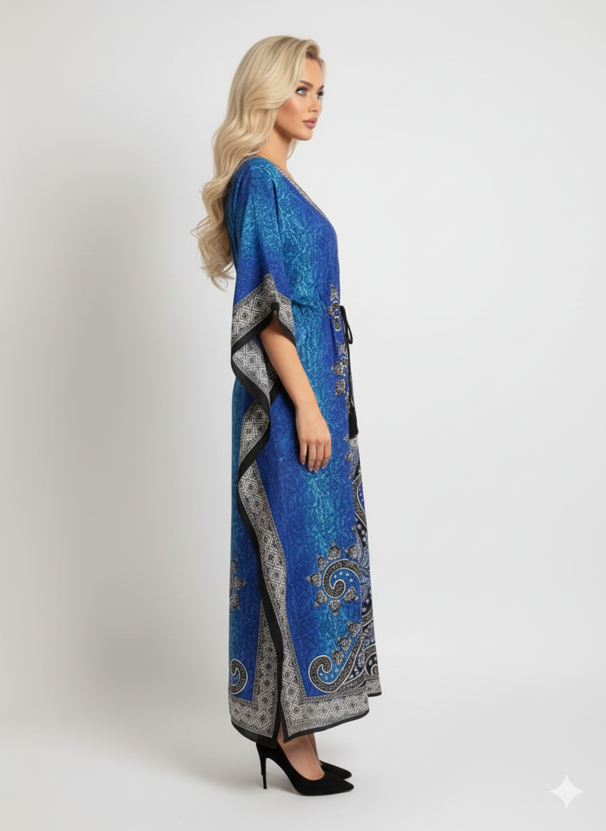 Stylish Blue Paisley Print Kaftan | Modest Polyester Abaya Maxi Dress | Jalabiya
