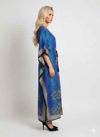 Stylish Blue Paisley Print Kaftan | Modest Polyester Abaya Maxi Dress | Jalabiya